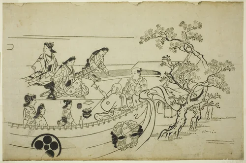 Flower-Viewing Party with Crest-Bearing Curtain, from the series "Flower Viewing at Ueno (Ueno hanami no tei)" by Hishikawa Moronobu (菱川師宣), print, 1676-1689