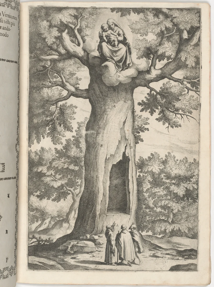 Apparition of the Virgin in the Beech Tree (Faggio dell'apparizione della Vergine) [plate P] by Jacopo Ligozzi, print, 1612