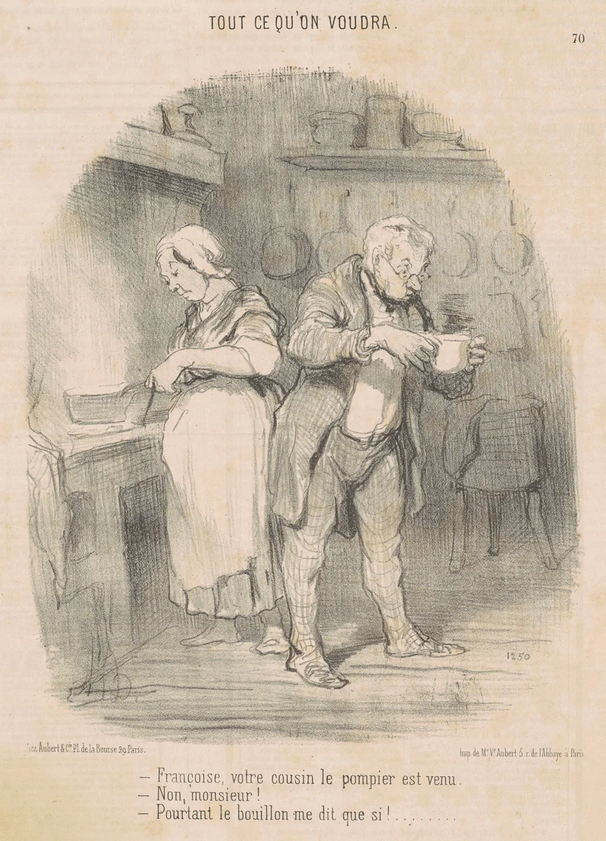 Francois, votre cousin le pompier est venu ... by Honoré Daumier, print, 1851