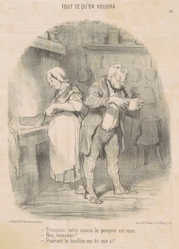 Francois, votre cousin le pompier est venu ... by Honoré Daumier, print, 1851