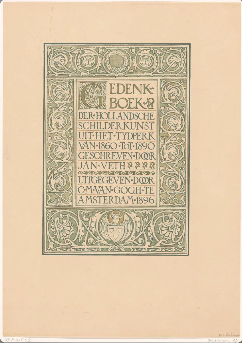 Titelpagina van Gedenkboek der Hollandsche schilderkunst uit het tydperk van 1860 tot 1890 by Antoon Derkinderen, print, 1896