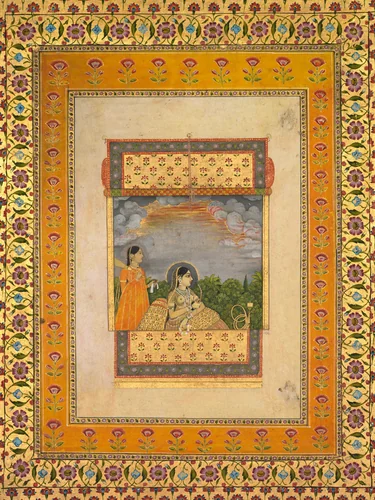 Princess and attendant in trompe l’oeil window by Aqil Khan, painting, 1755-1765