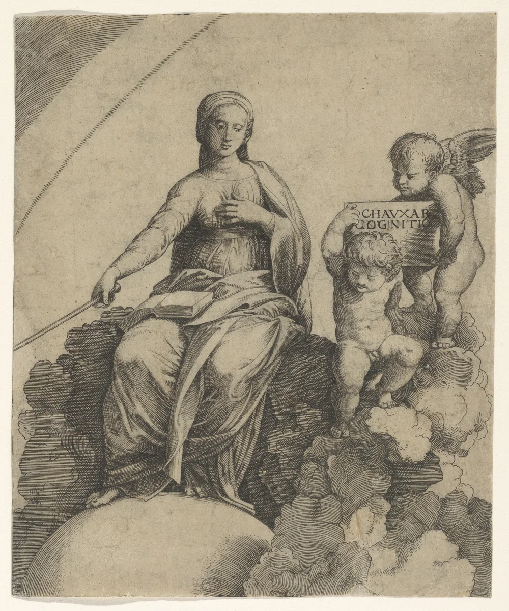 A personification of Philosophy sitting on clouds with her feet resting on a globe, two putti at right holding a tablet by Marcantonio Raimondi, print, 1505-1515