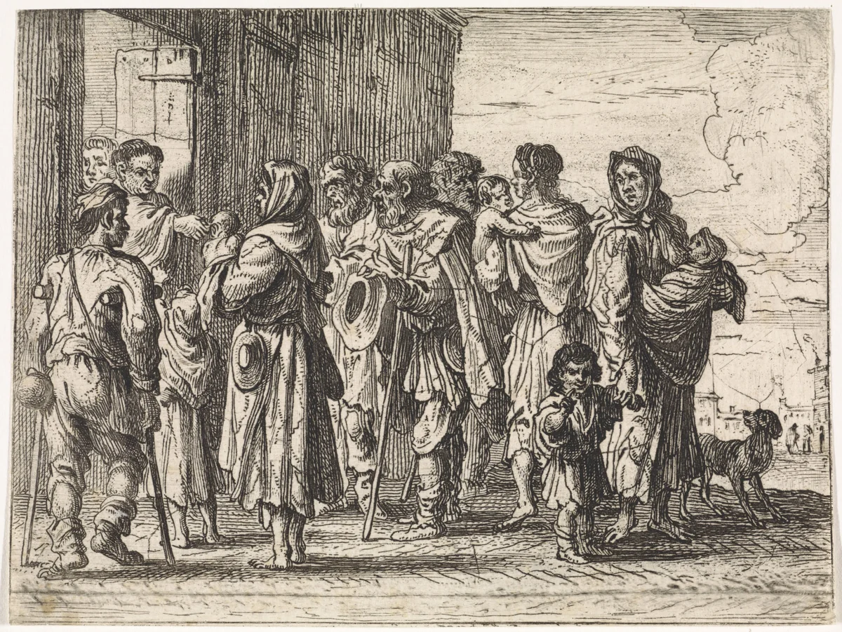 Bedelaars voor een klooster by Cornelis de Wael, print, 1630-1648