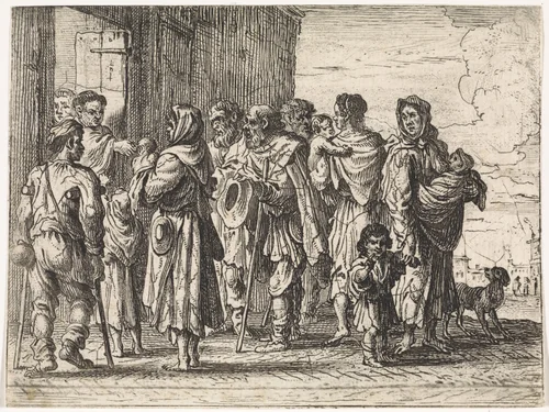 Bedelaars voor een klooster by Cornelis de Wael, print, 1630-1648