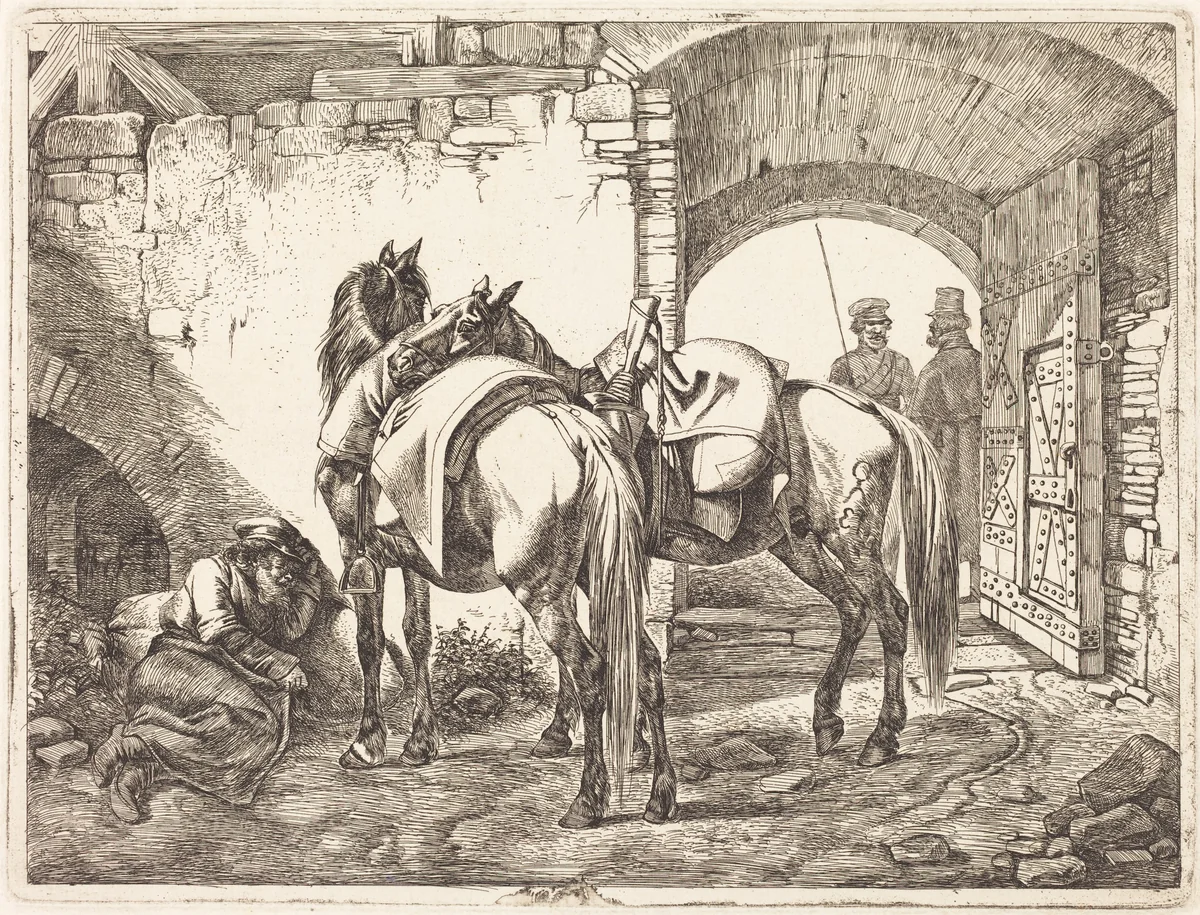 Cossack Horses in a Courtyard by Johann Adam Klein, print, 1818