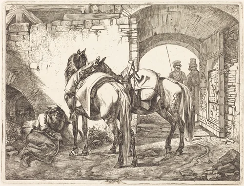 Cossack Horses in a Courtyard by Johann Adam Klein, print, 1818