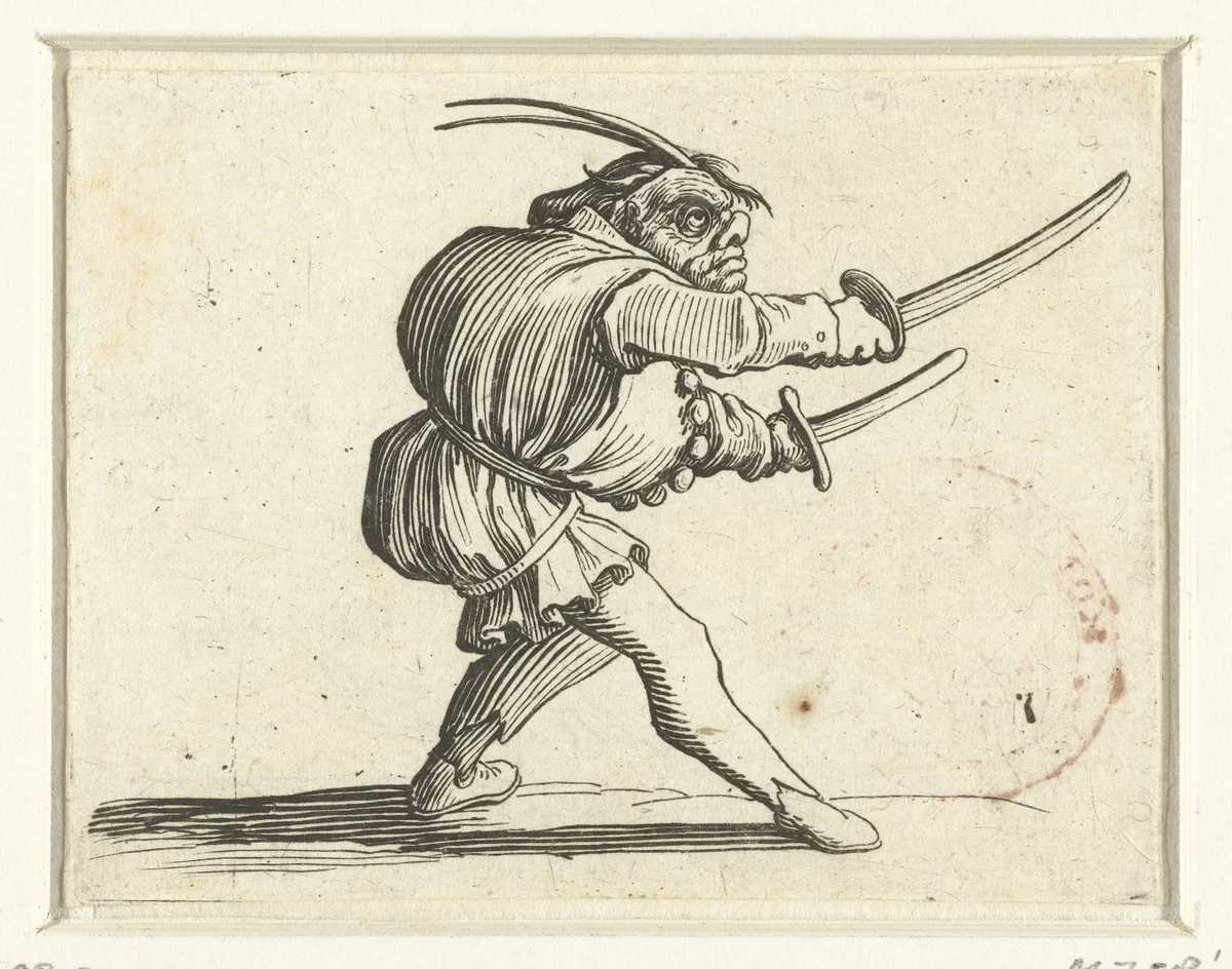 Groteske figuur met twee zwaarden by Jacques Callot, print, 1621-1625