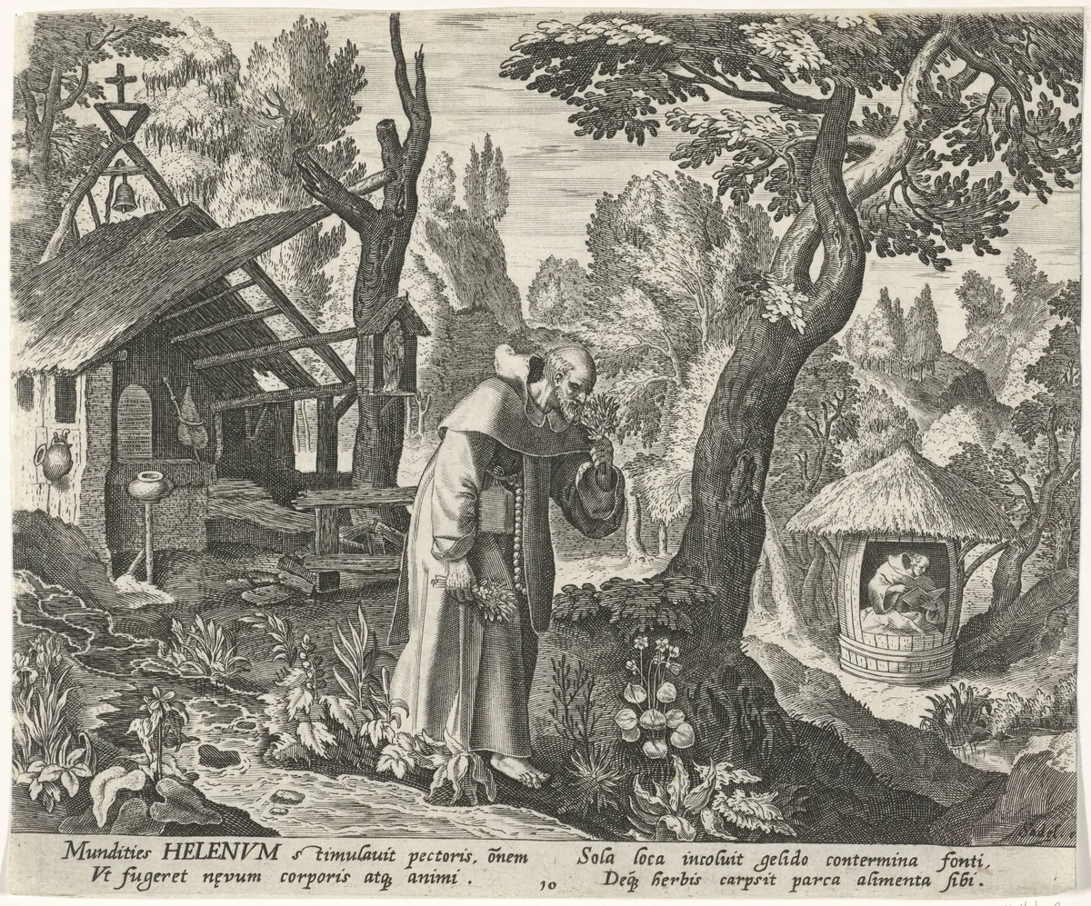 Helenus van Troyes als kluizenaar by Johann Sadeler, print, 1583-1588