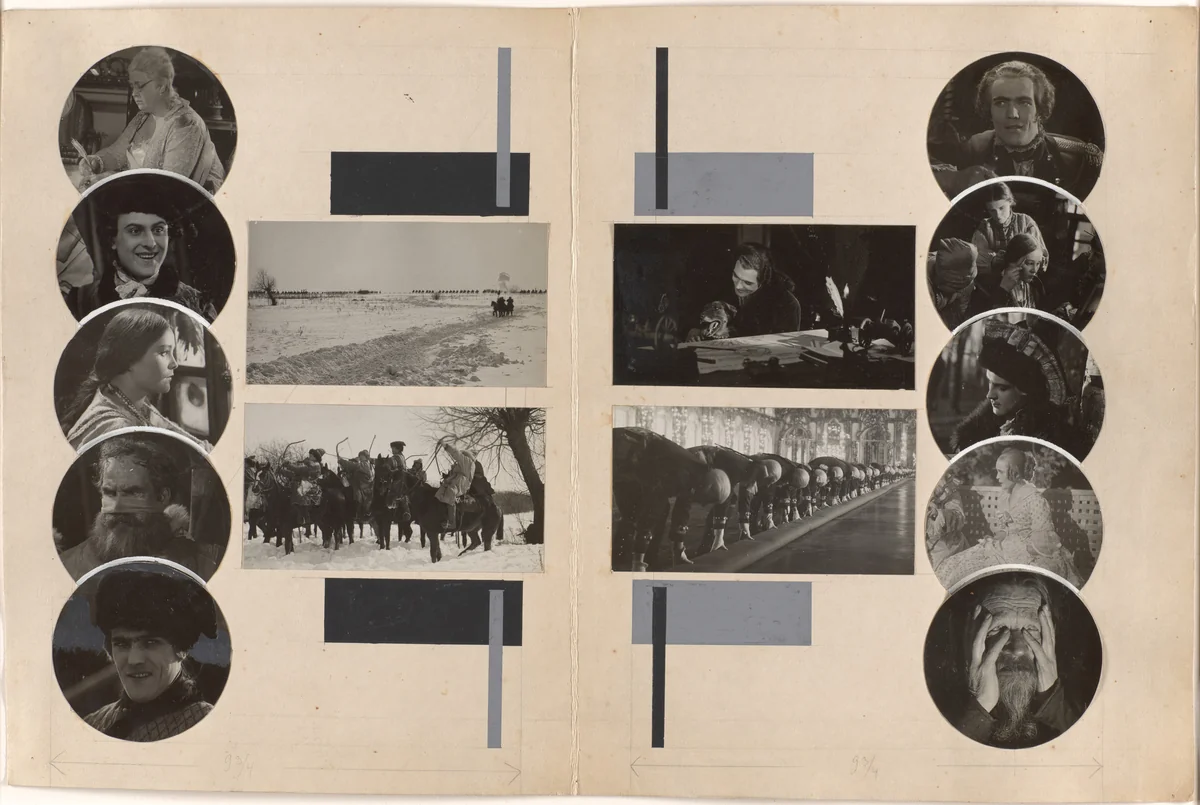 Maquette for spread featuring the 1928 film Kapitanskaya dochka (The Captain’s Daughter) in Sovetsky ekran (Soviet Screen), no. 32 by Varvara Stepanova, drawing, 1928