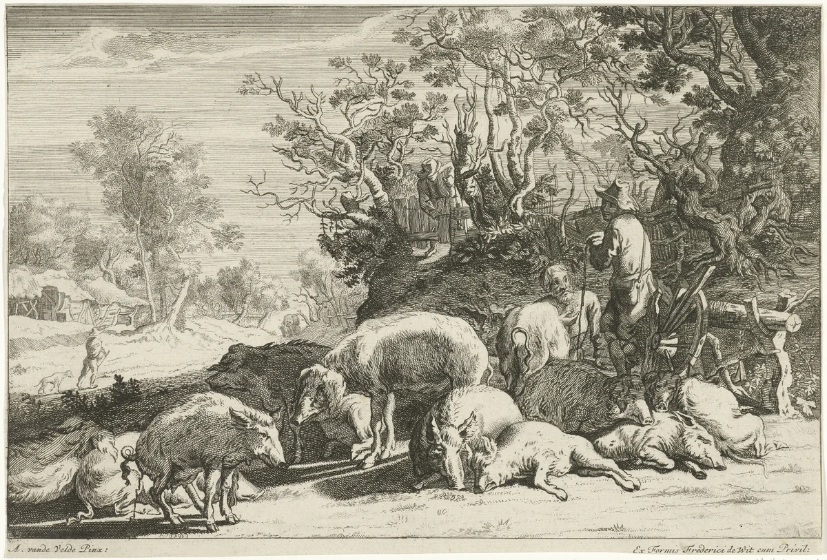 Varkenshoeder met kudde varkens by Johannes Gronsveld, print, 1670