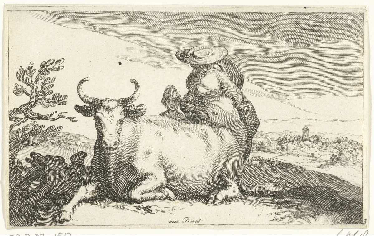 Koe met vrouw en kind by Frederick Bloemaert, print, 1635-1670