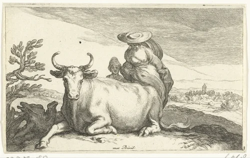 Koe met vrouw en kind by Frederick Bloemaert, print, 1635-1670