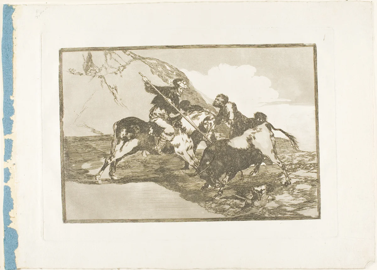 The Way in Which the Ancient Spaniards Hunted Bulls on Horseback in the Open Country, plate one from The Art of Bullfighting by Francisco José de Goya, print, 1814-1816