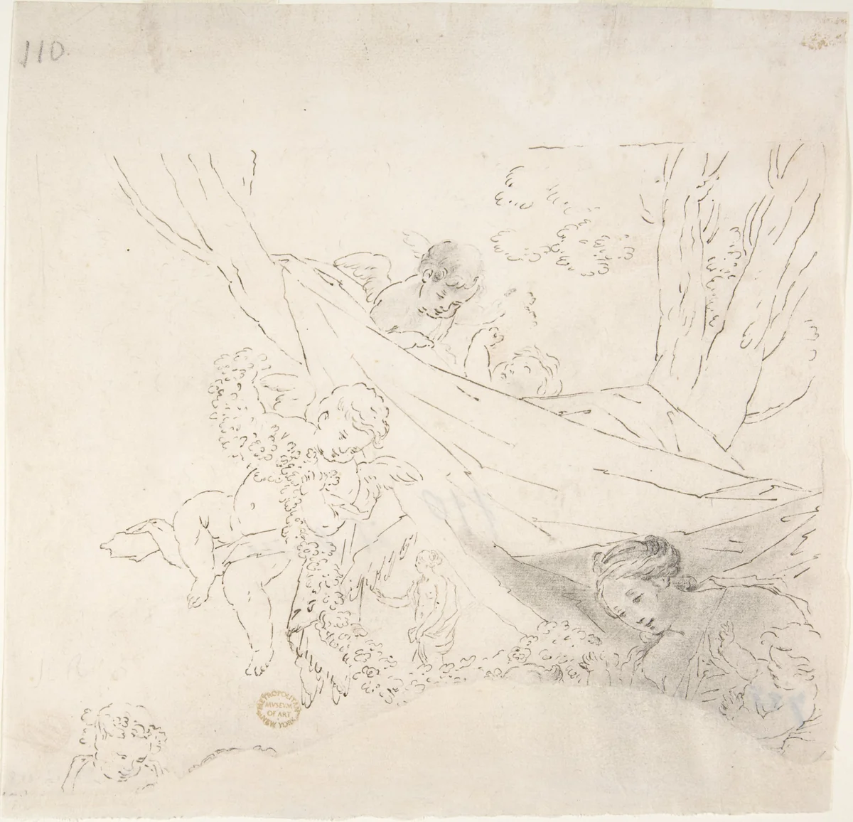 Female Figure with Cherubs by anonymous, drawing, 1700-1800