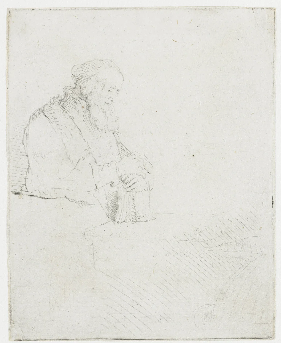 Old man in meditation, leaning on a book by Rembrandt van Rijn, print, 1645