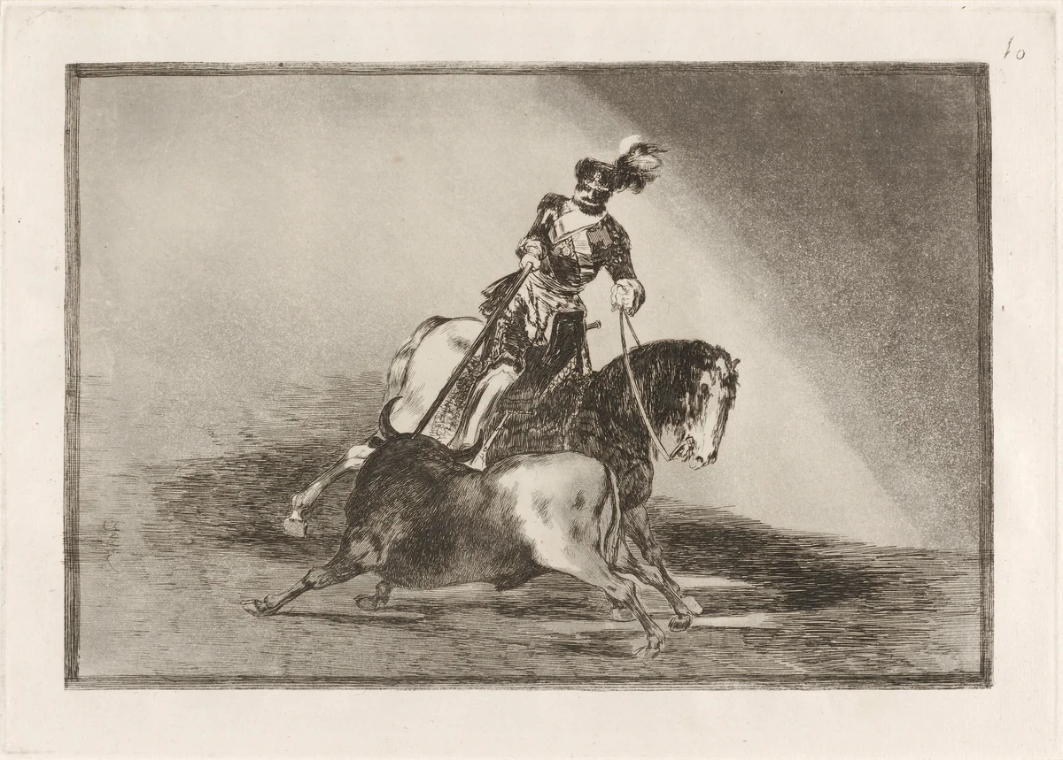 Carlos V. lanceando un toro en la plaza de Valladolid (Charles V Spearing a Bull in the Ring at Valladolid) by Francisco Goya, portfolio, 1816