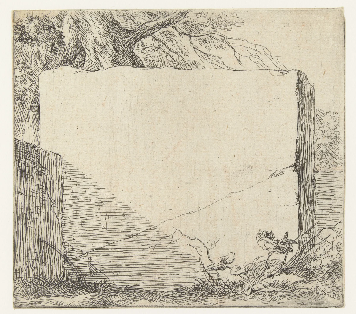 Steenblok met leeg vlak voor het bas-reliëf met een voorstelling van een herder die water in een drinkbak giet by Nicolaes Pietersz Berchem, print, 1646-1652