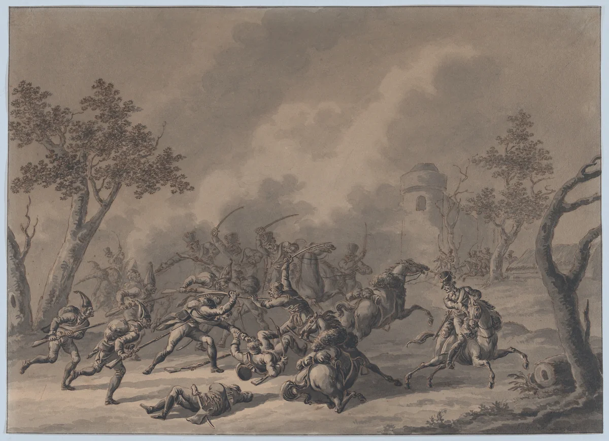 A Battle Between Cavalrymen and Infantry by Dirk Langendijk, drawing, 1800-1850