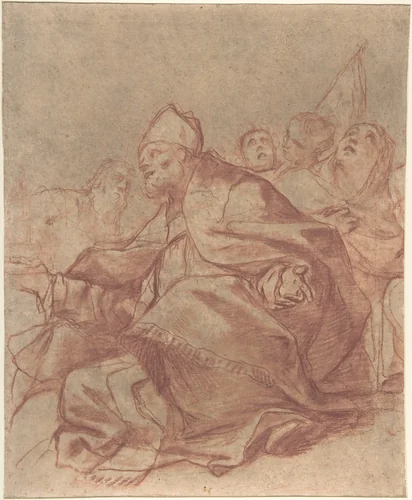 Seated Bishop with Arms Extended and Three Attendant Figures (recto); Head of a Lion and Perspective Diagrams (verso) by Mattia Preti, drawing, 1613-1699