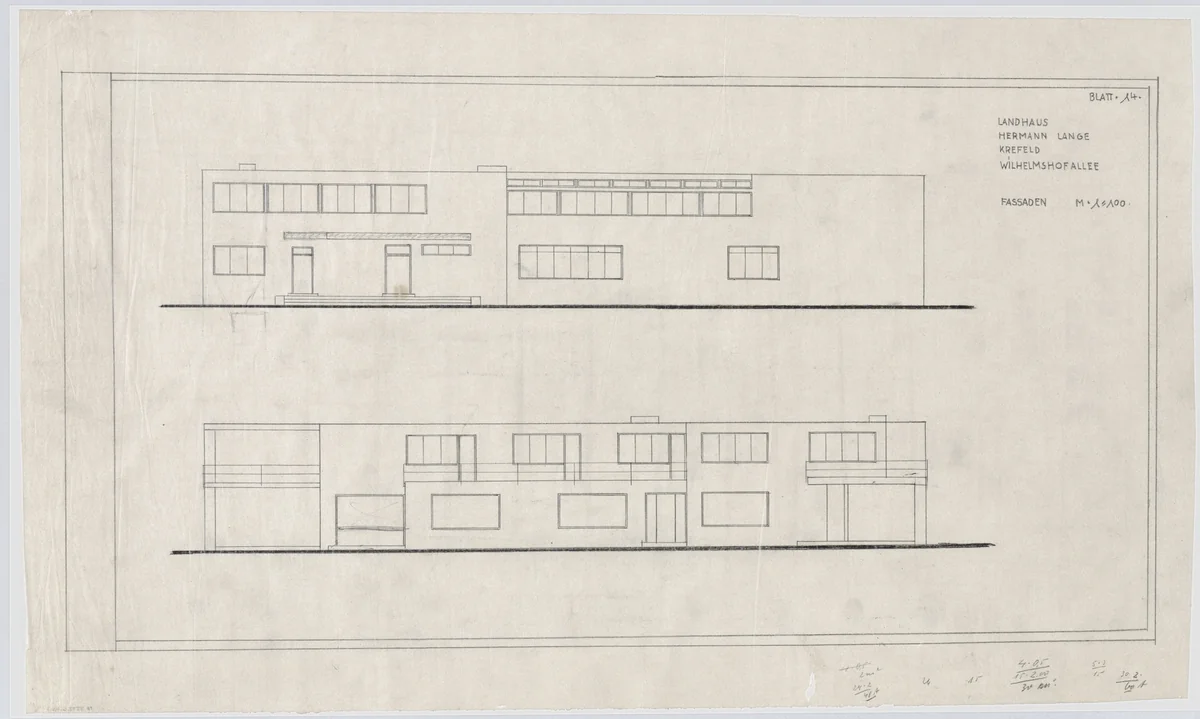Hermann Lange House, Krefeld, Germany, Two elevations by Ludwig Mies van der Rohe, mies van der rohe archive, 1927