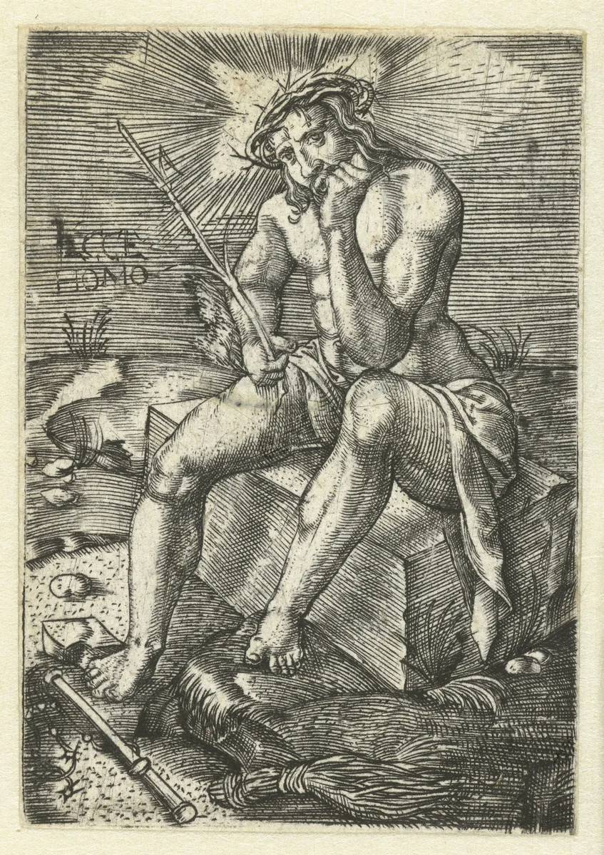 Christus op de koude steen by Jacob Binck, print, 1510-1569
