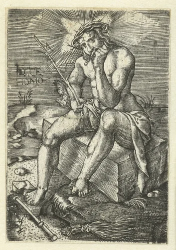 Christus op de koude steen by Jacob Binck, print, 1510-1569