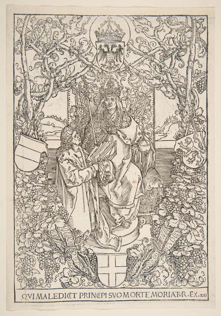 Conrad Celtis Presenting His Book "Quatuor Libri Amorum" to Maximilian I (from the book) by Albrecht Dürer, print, 1502