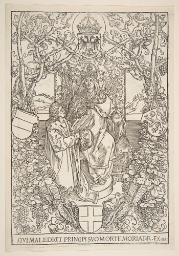 Conrad Celtis Presenting His Book "Quatuor Libri Amorum" to Maximilian I (from the book) by Albrecht Dürer, print, 1502