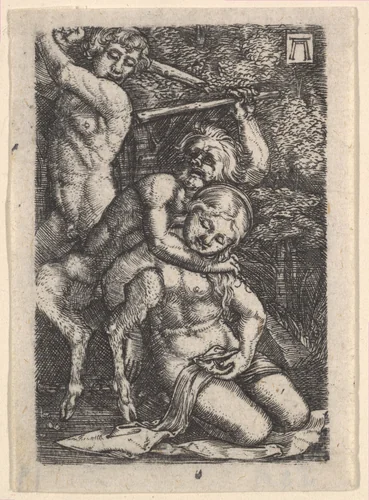 Two Satyrs Fighting Over a Nymph by Albrecht Altdorfer, print, 1500-1538