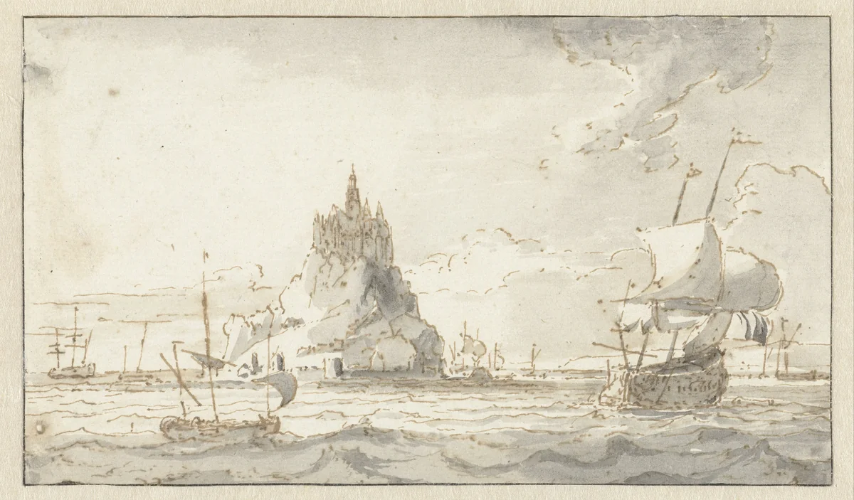 Gezicht op Mont-St.Michel by Abraham Storck, drawing, 1645-1710
