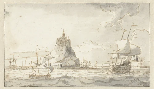 Gezicht op Mont-St.Michel by Abraham Storck, drawing, 1645-1710
