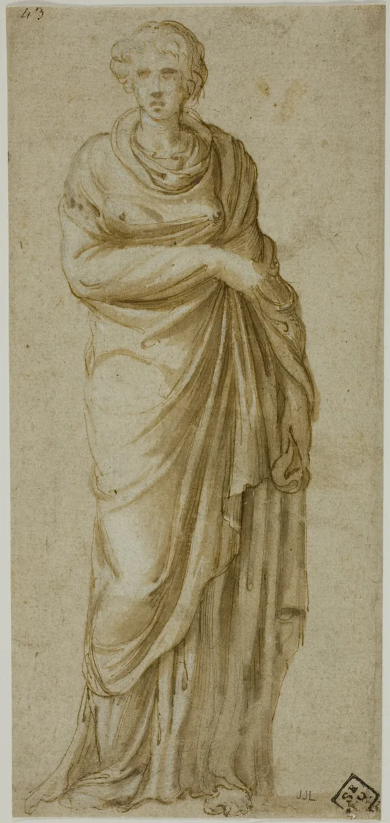 Standing Draped Female Figure by Girolamo Sellari, drawing, 1548-1552