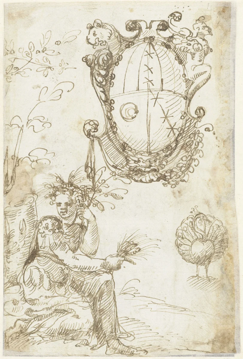 Vrouw met korenaren, een pronkende pauw en een familiewapen in cartouche by anonymous, drawing, 1520-1550