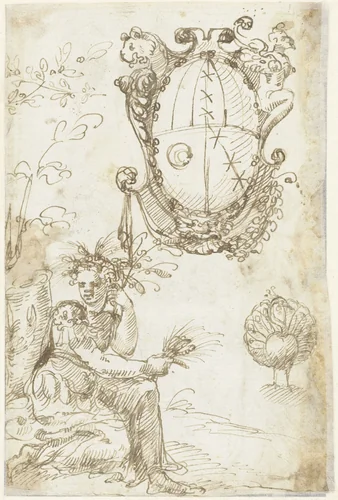 Vrouw met korenaren, een pronkende pauw en een familiewapen in cartouche by anonymous, drawing, 1520-1550