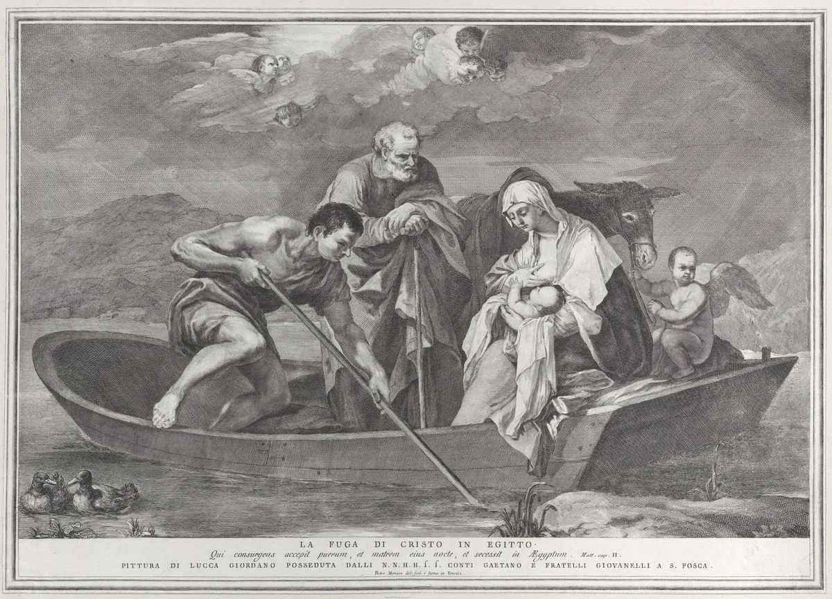 The flight into Egypt, with the Holy Family in a boat by Pietro Monaco, print, 1730-1750