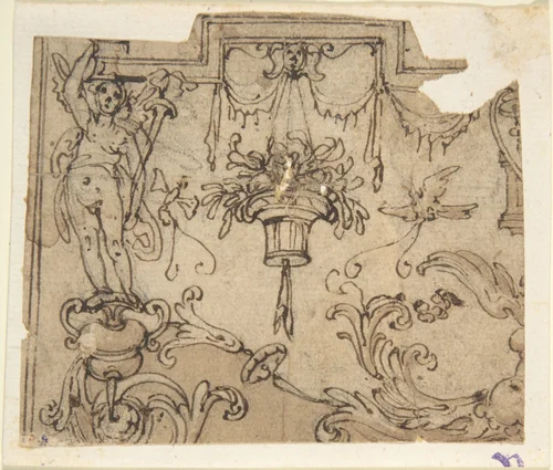 Fragment of a Scheme with Grotesque Decorations (recto); Fragment of an Ornament Design after the Antique (verso) by anonymous, drawing, 1500-1599