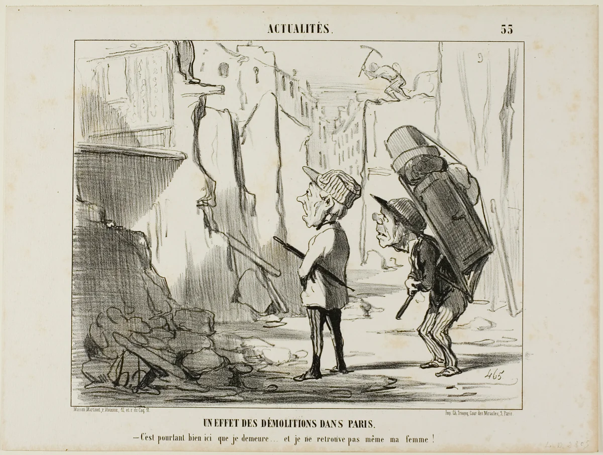 Result of the Demolishing of Buildings in Paris. “- After all, this is where I used to live.... and I can't even find my wife anymore,” plate 55 from Actualités by Honoré-Victorin Daumier, print, 1852