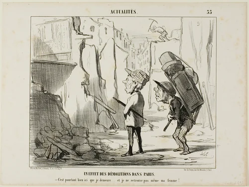 Result of the Demolishing of Buildings in Paris. “- After all, this is where I used to live.... and I can't even find my wife anymore,” plate 55 from Actualités by Honoré-Victorin Daumier, print, 1852