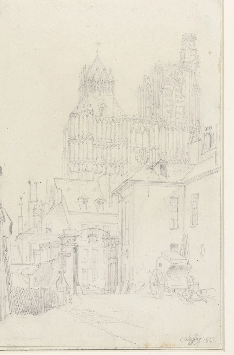 Kathedraal van Sens, gezien vanuit het Hôtel de l'Eeu by Nicolas Marie Joseph Chapuy, drawing, 1836