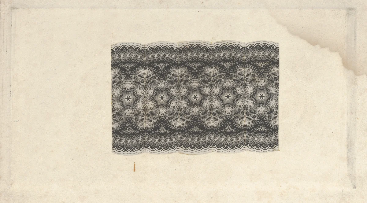 Banknote motifs: band of lace-like lathe work ornament by Cyrus Durand, print, 1819-1847