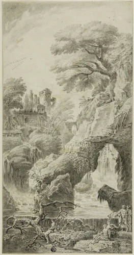 Figures in a Rocky Landscape with Waterfall by Johann Samuel Bach, drawing, 1700-1799