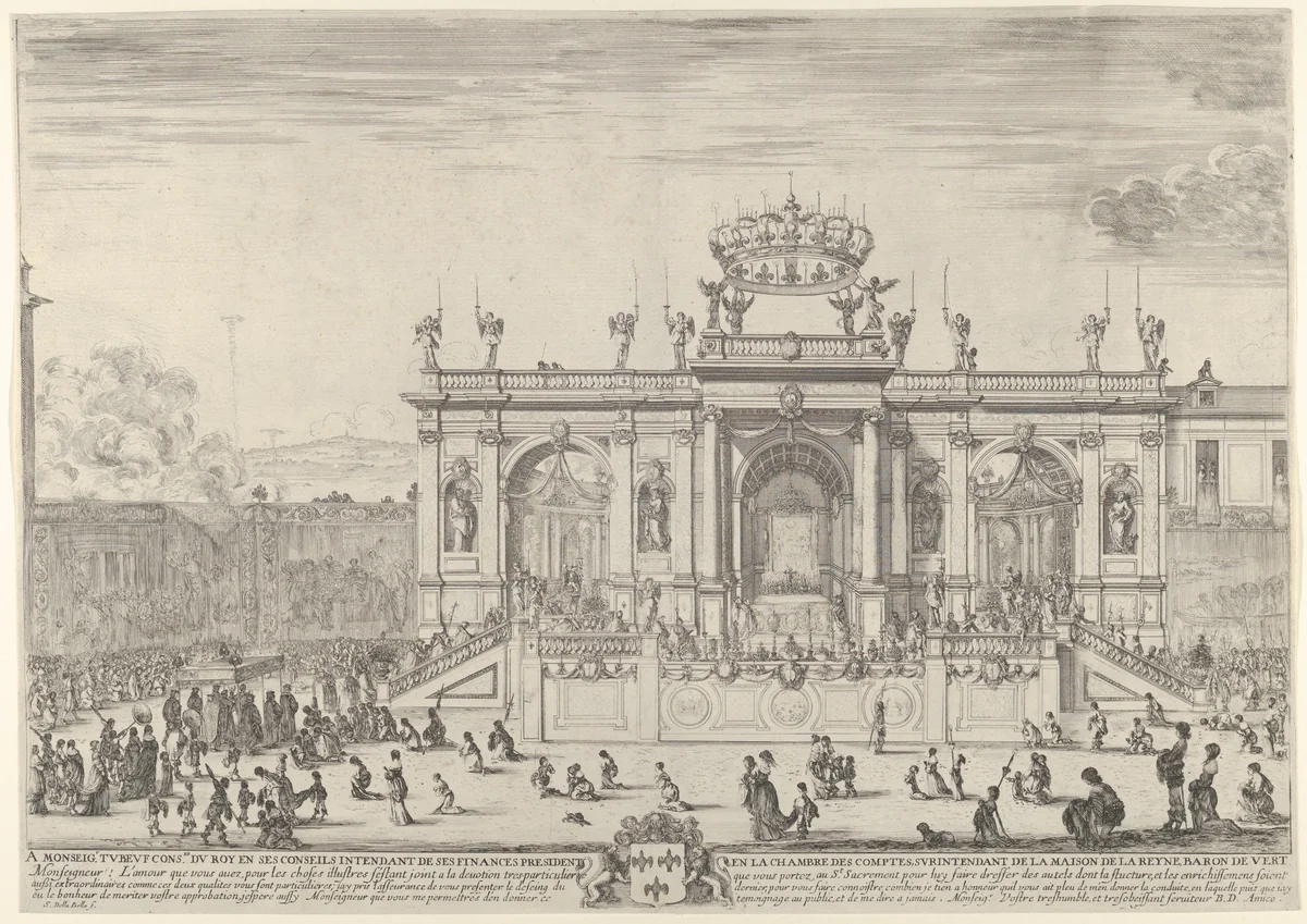 The altar of the holy sacrament; at left, the sacrament beneath a canopy, carried in procession and followed by the Louis XIV and Anne of Austria heading towards a large arched structure, spectators at left and right kneel in front of tapestries after Raphael by Stefano della Bella, print, 1643-1653