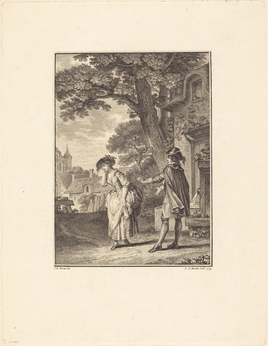 Le Devin du Village (Colette Weeping) by Pietro Antonio Martini; Jean-Michel Moreau the Younger, print, 1779