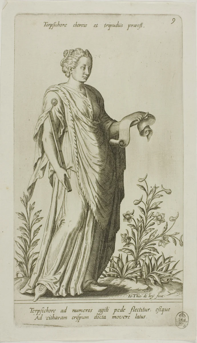 Terpsichore, Muse of Dance, plate 9 from Parnassus Biceps by Johann Theodor de Bry Jean-Jacques Boissard, print, 1601