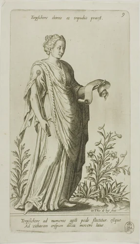 Terpsichore, Muse of Dance, plate 9 from Parnassus Biceps by Johann Theodor de Bry Jean-Jacques Boissard, print, 1601