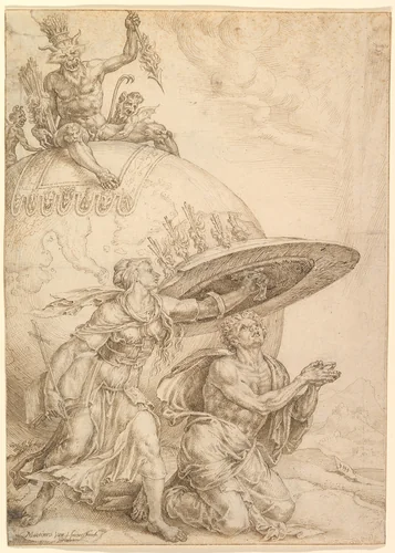 Man Protected by the Shield of Faith by Maarten van Heemskerck, drawing, 1559