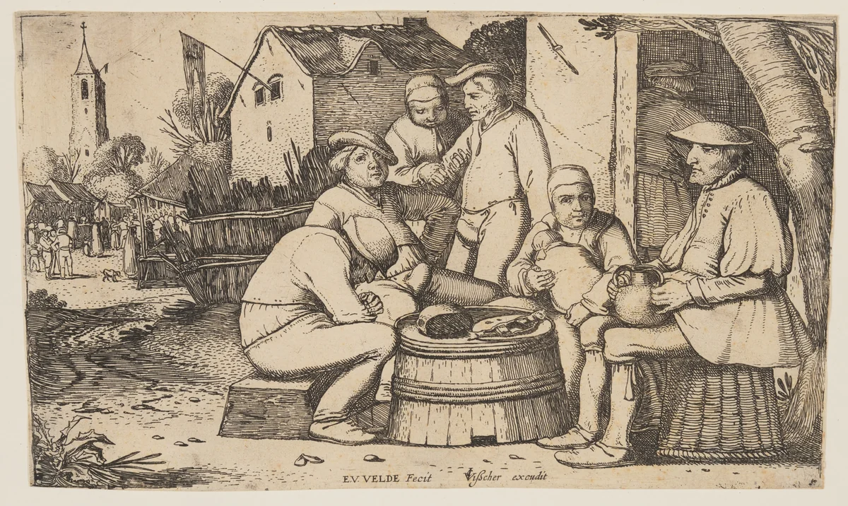 Six Peasants using a Barrell Butt as a Table by Esaias van de Velde, print, 1610-1630