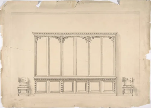 Design for a Very Large Cabinet with Turned Elements, and Two Chairs by anonymous, drawing, 1800-1850