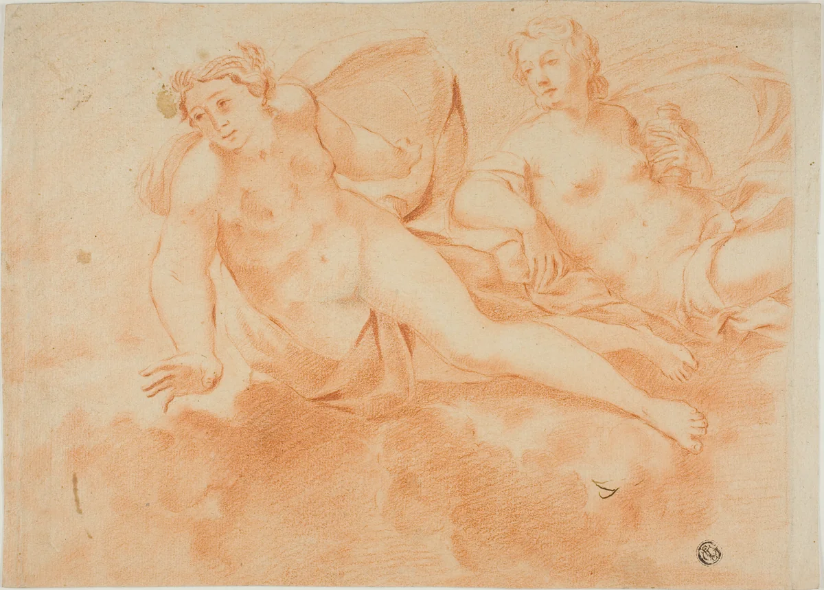Two Cloud-Borne Nude Female Figures (recto); Fragment of Reclining Figure (verso) by Carlo Cignani, drawing, 1648-1719